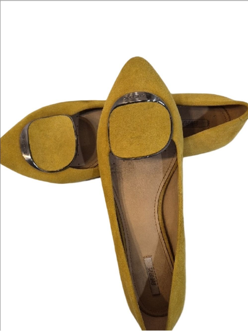 Geox Women's Yellow Suede Pointed Toe Flats with Metallic Accent - Picture 2 of 7